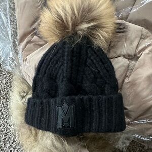 Mackage Black Knit Hat with Fur Pom